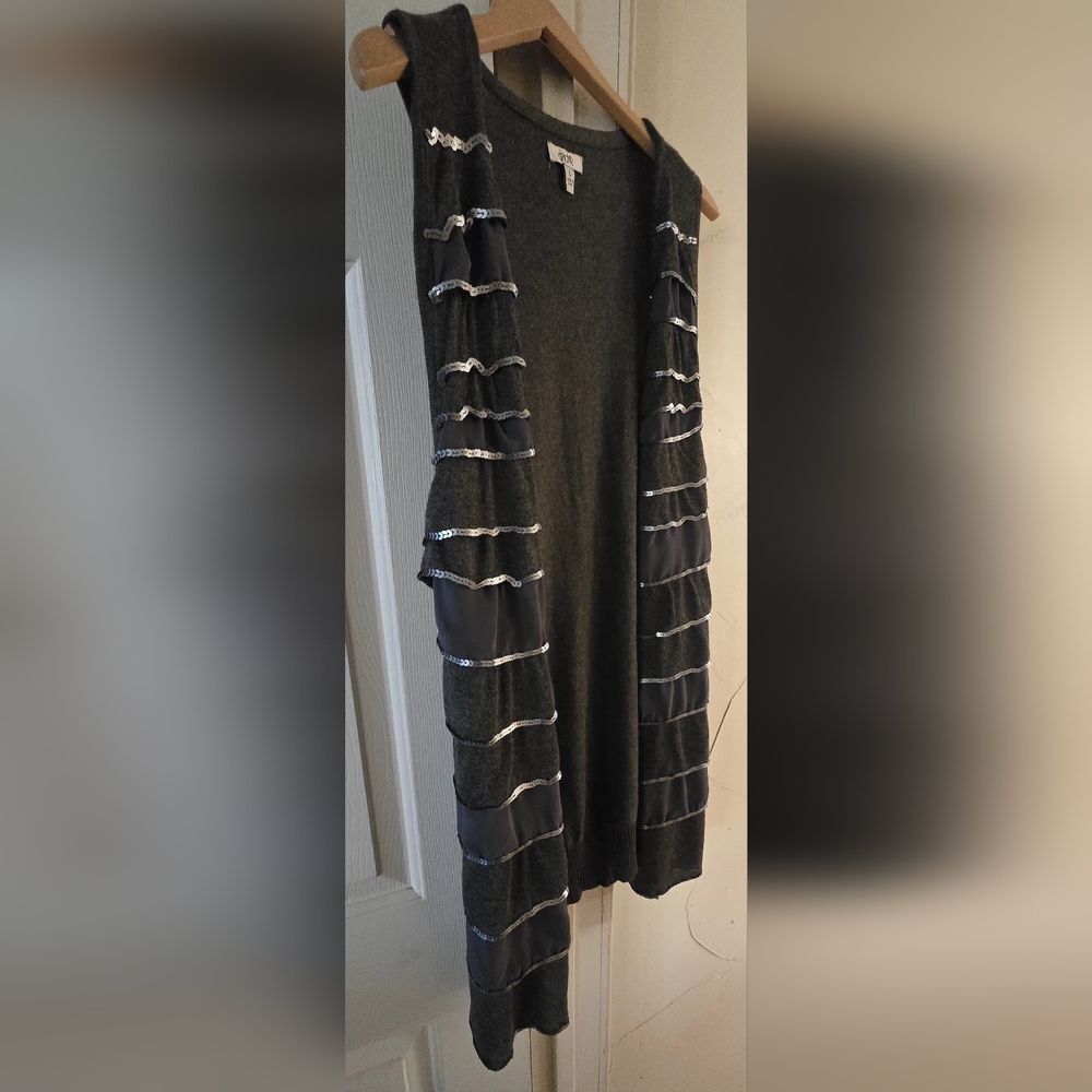 Cache Dark Gray and Silver Sequin Vest L